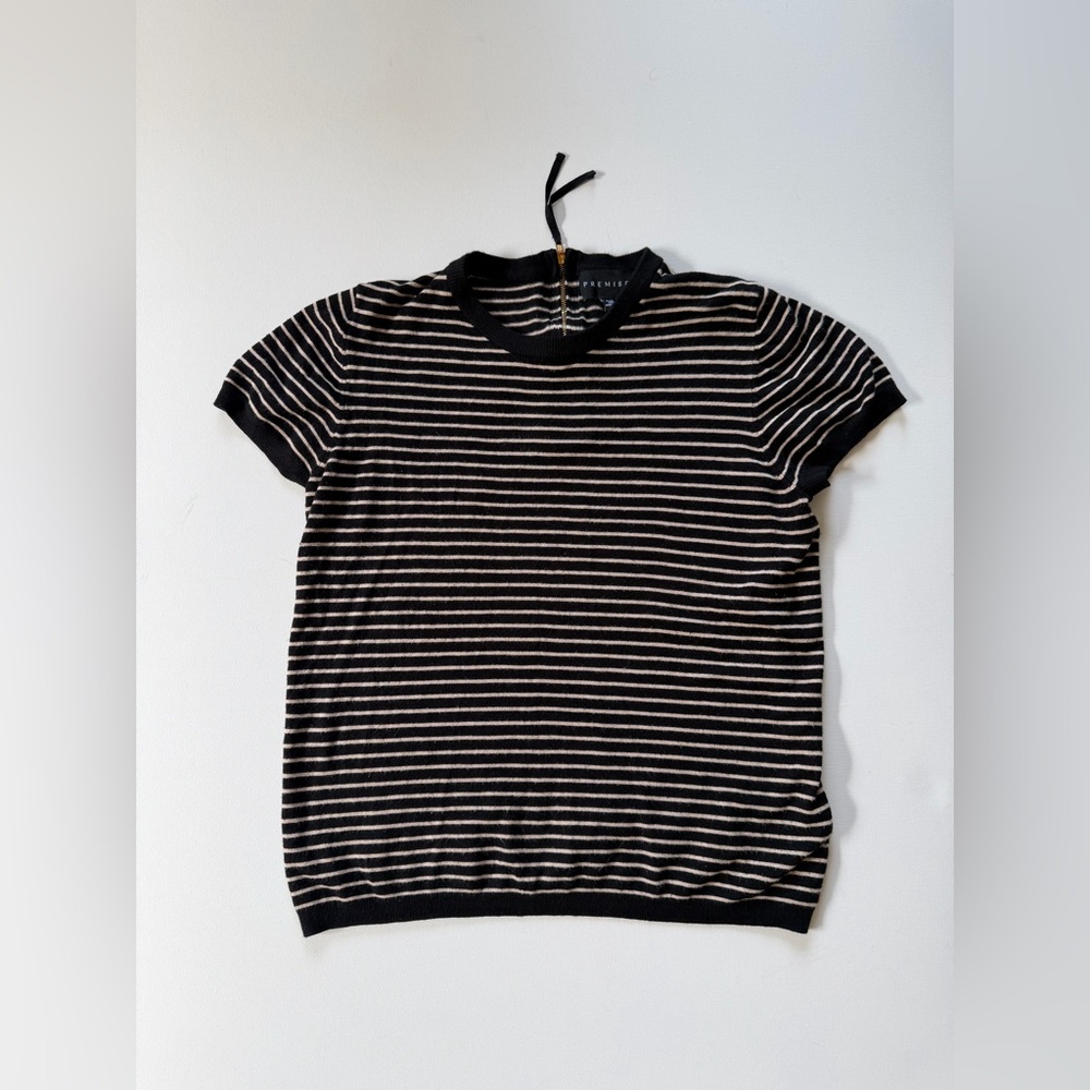 Striped Short-Sleeve Knit Top - Black & Cream